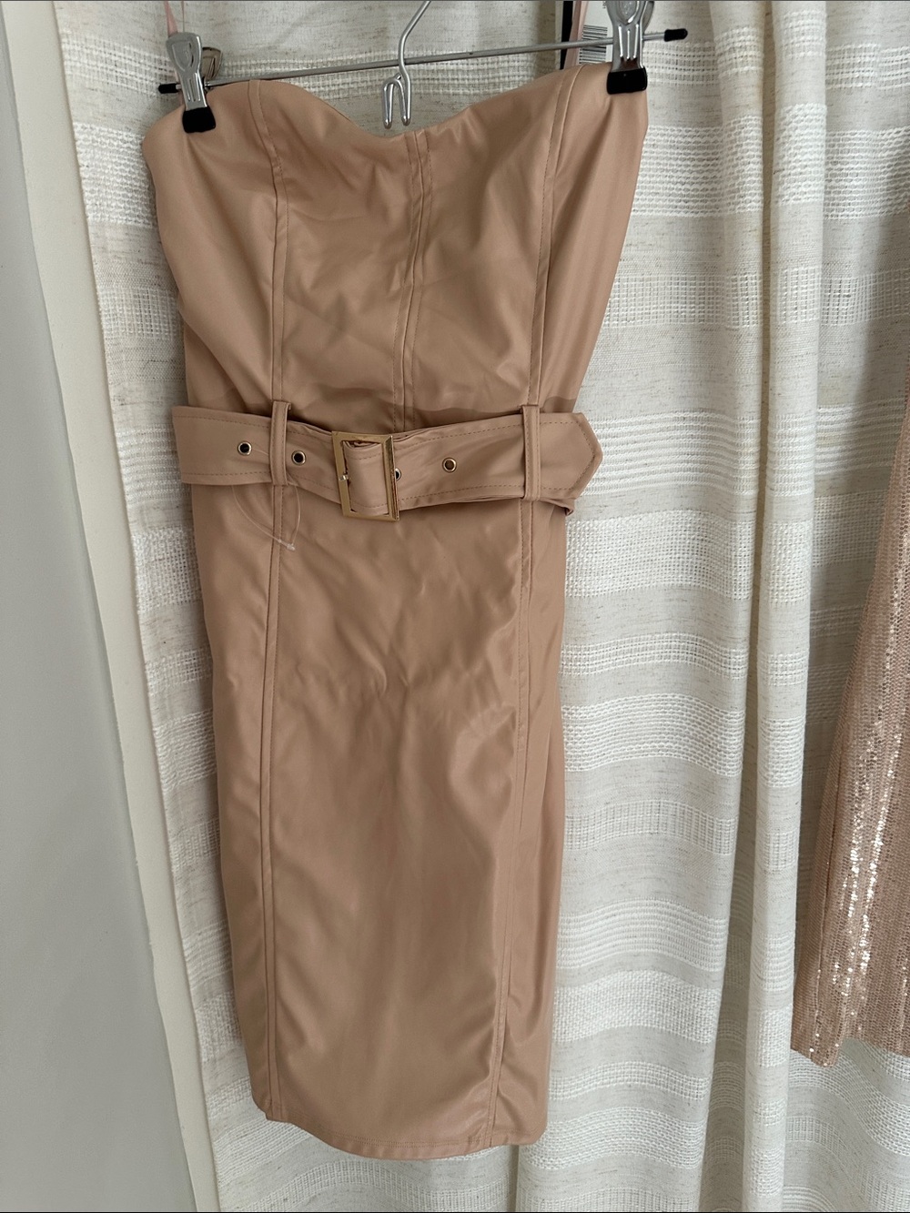 bebe Strapless Faux-Leather Belted Midi Dress — Beige